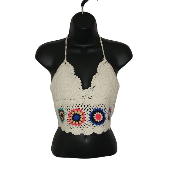 Vintage Arizona Ivory Fairy Boho Crochet Floral Accent Crop Halter Top Y2K - Picture 8 of 8